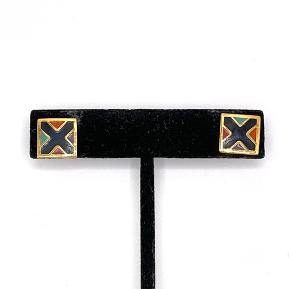 Laurel Burch  1993 Signed Gold Tone Enamel Pierced Post Earrings - Picture 6 of 6